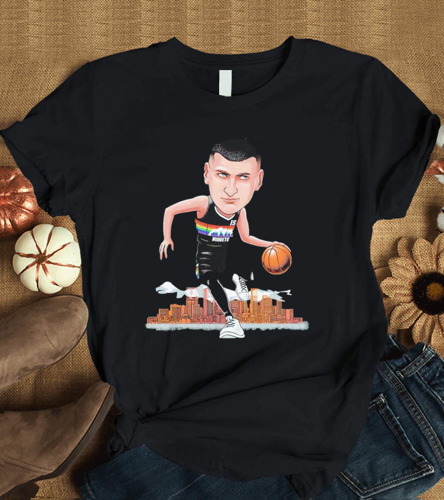 Nikola Jokic Denver Nuggets Cartoon Dribbling Basketball Colorado Skyline T-Shirt