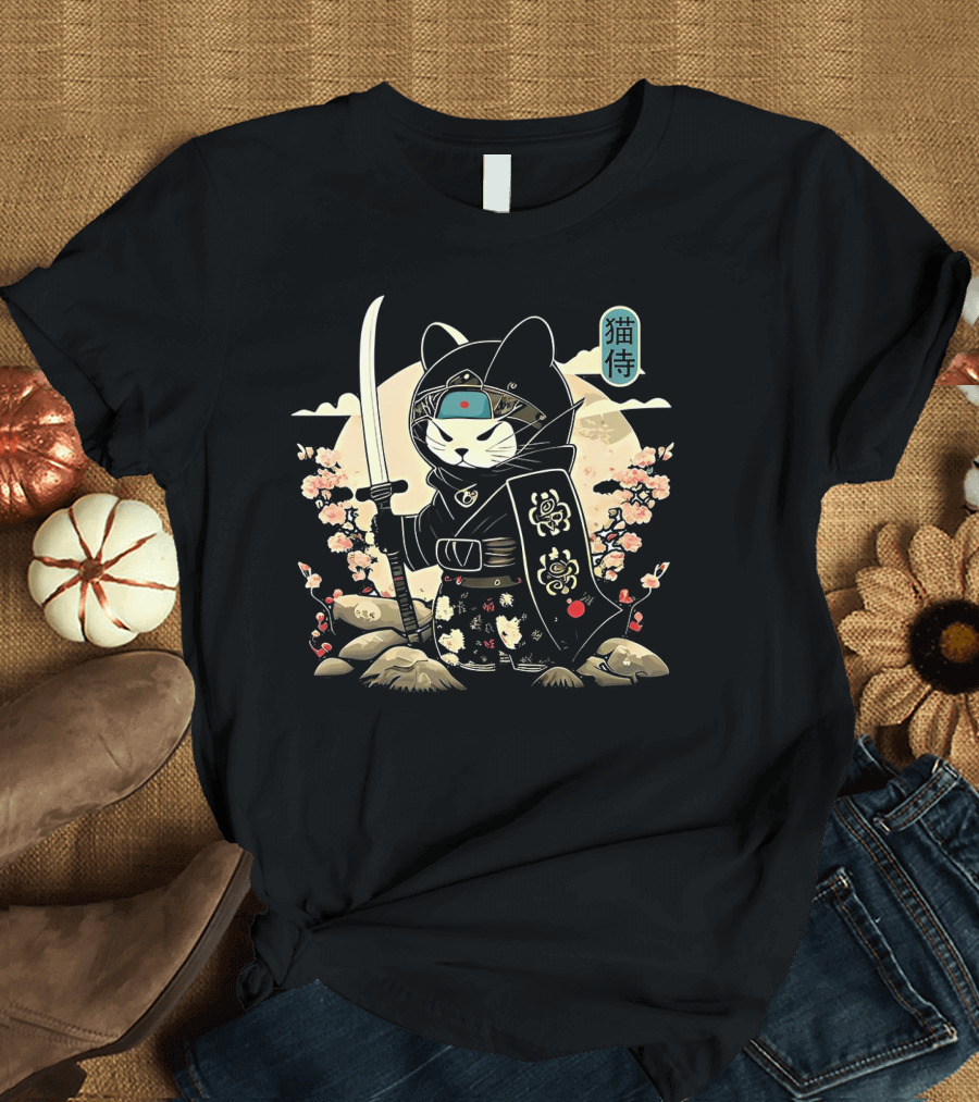 Samurai Cat Sakura Blossom Warrior Japan Kanji Armor Katana T-Shirt