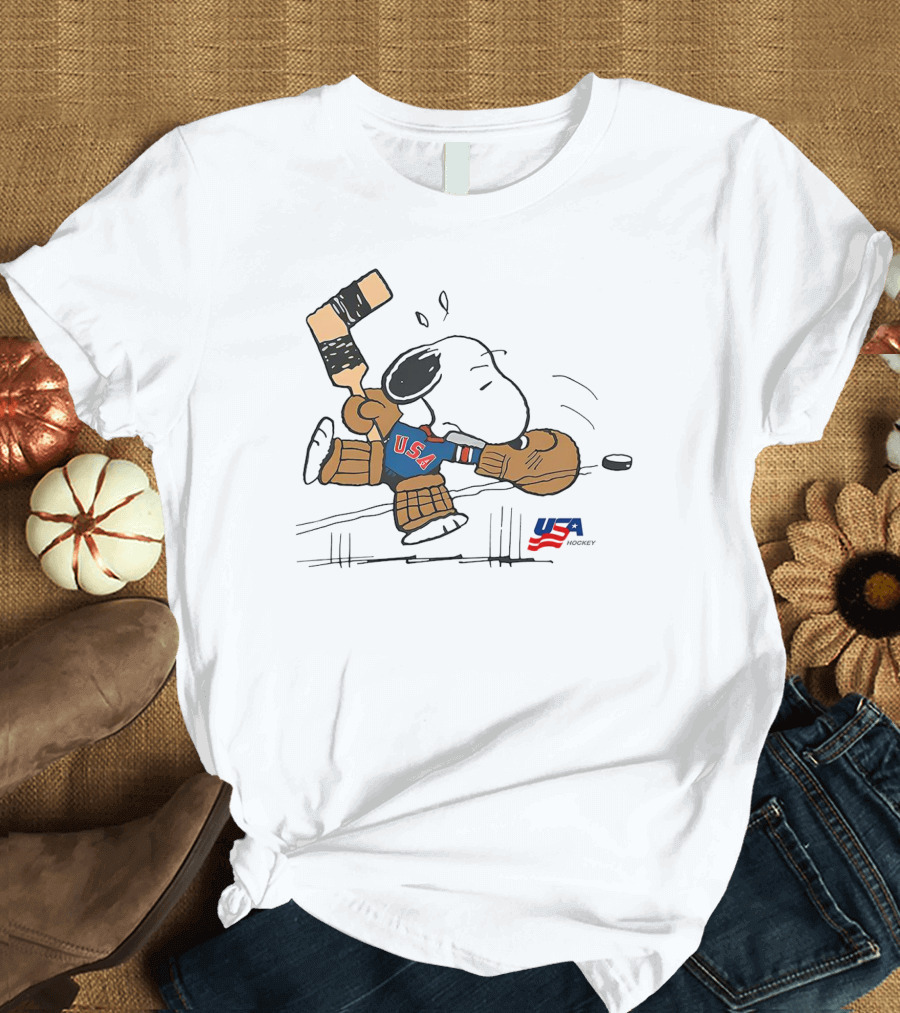 Peanuts Snoopy USA Hockey Goalie With Bat And USA Puck T-Shirt
