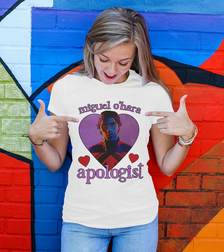 Miguel O’Hara Apologist Love Heart With Heroic Figure In Purple And Red Hearts T-Shirt