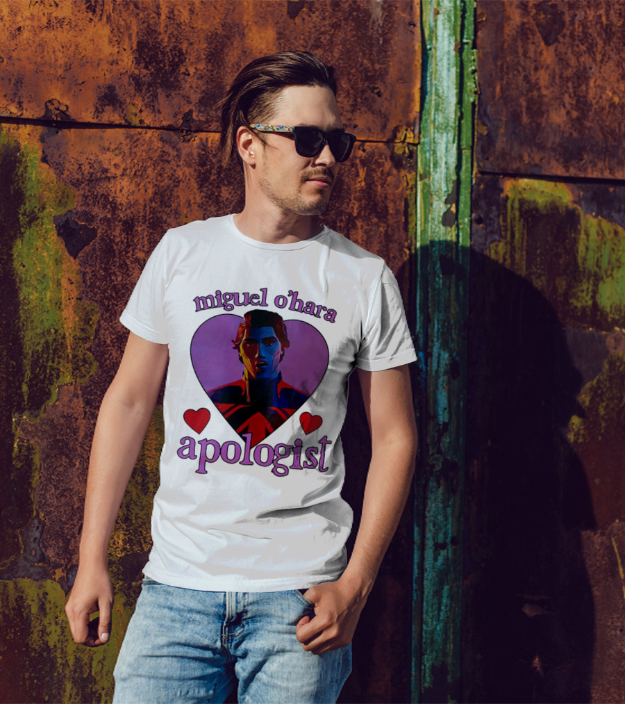 Miguel O’Hara Apologist Love Heart With Heroic Figure In Purple And Red Hearts T-Shirt