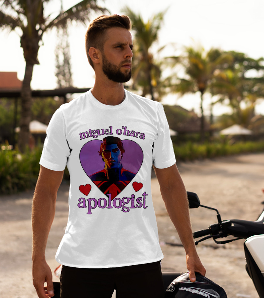 Miguel O’Hara Apologist Love Heart With Heroic Figure In Purple And Red Hearts T-Shirt