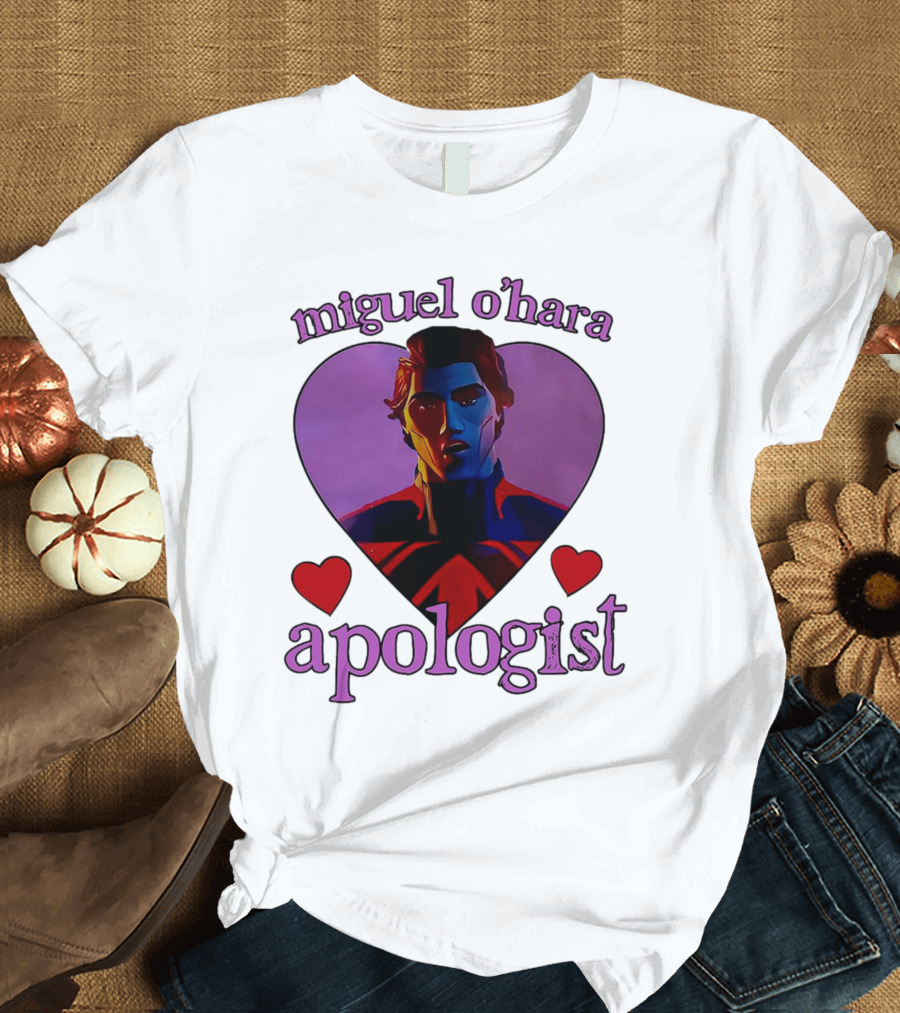 Miguel O’Hara Apologist Love Heart With Heroic Figure In Purple And Red Hearts T-Shirt