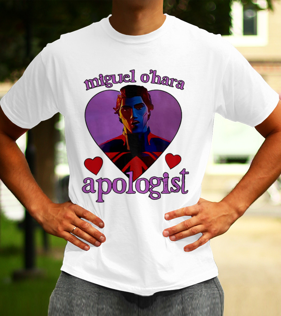 Miguel O’Hara Apologist Love Heart With Heroic Figure In Purple And Red Hearts T-Shirt