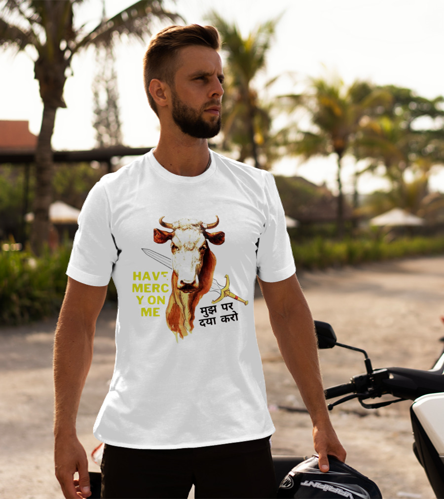 Have Mercy On Me Cow With Sword And Hindi Text T-Shirt