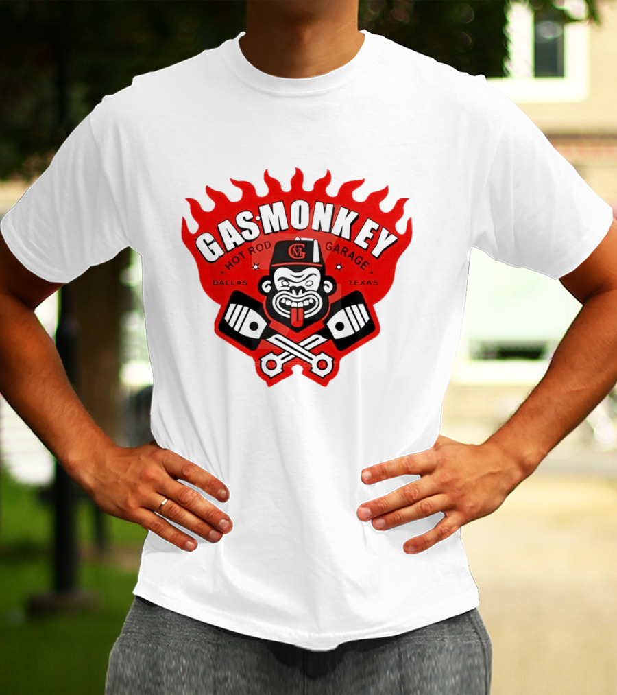 Gas Monkey Hot Rod Garage Dallas Texas Flame Logo Monkey With Pistons T-Shirt