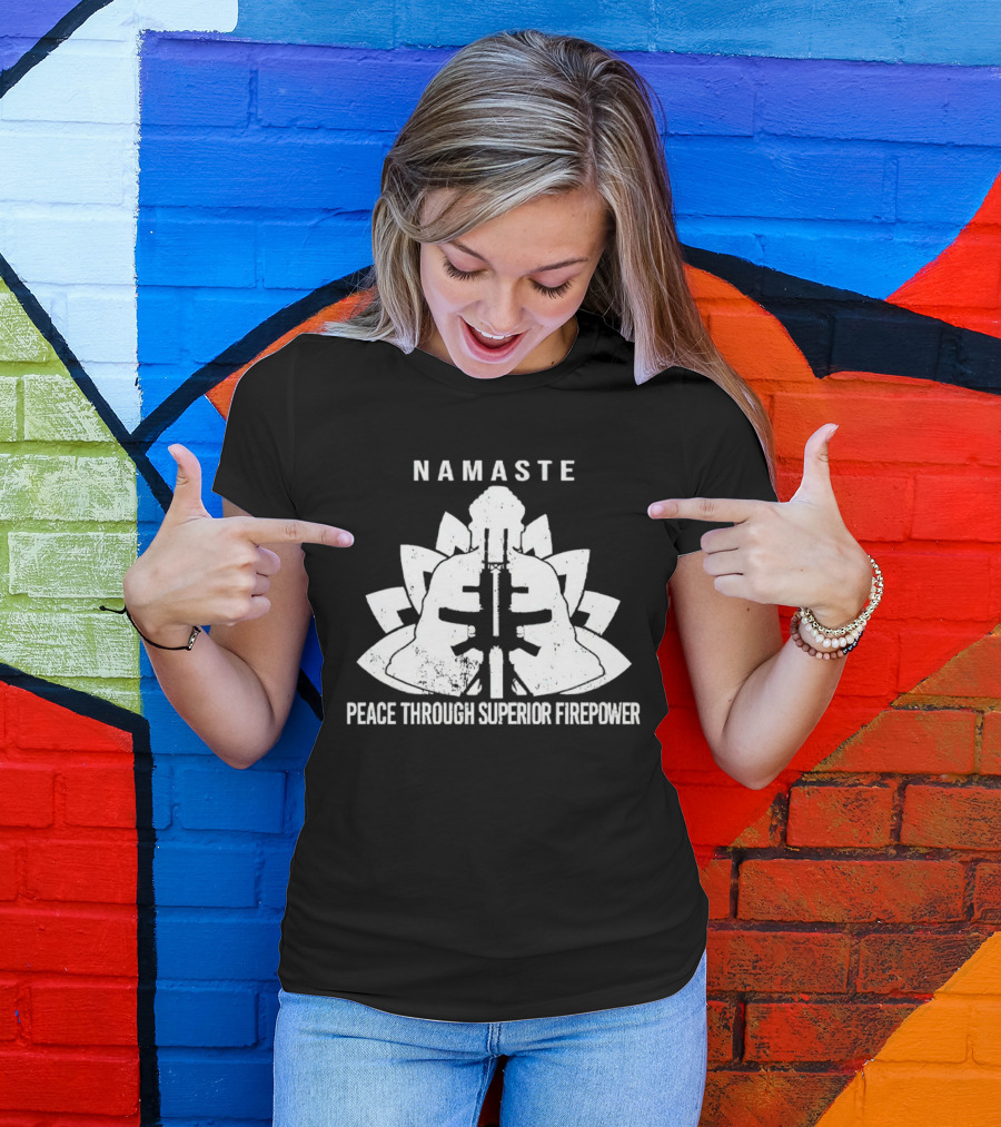 Namaste Peace Through Superior Firepower Lotus Helmet Gunpowder Mandala T-Shirt