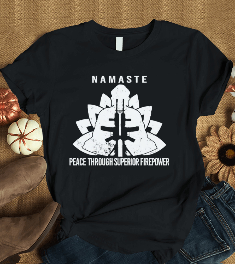 Namaste Peace Through Superior Firepower Lotus Helmet Gunpowder Mandala T-Shirt