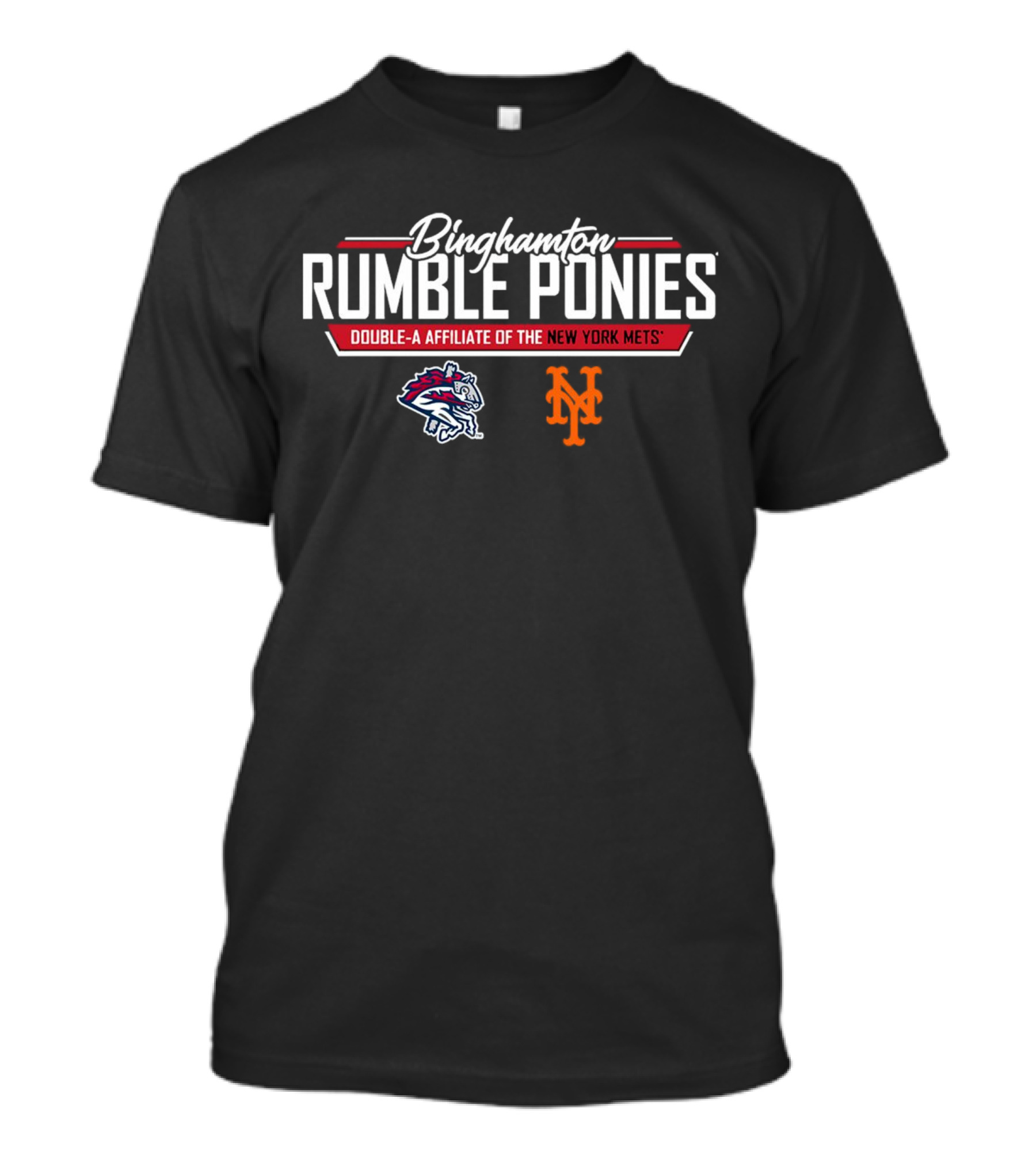 Binghamton Rumble Ponies New York Mets Double-A Affiliate Logo With Pony And Mets Symbols T-Shirt