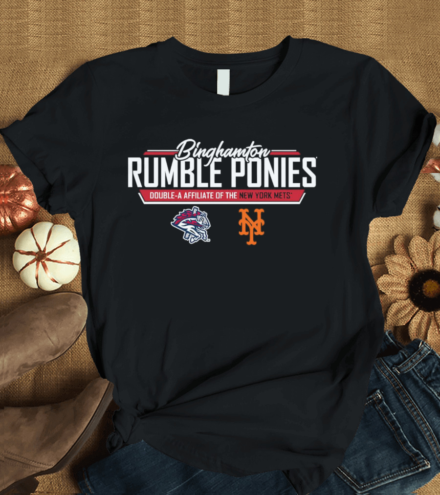 Binghamton Rumble Ponies New York Mets Double-A Affiliate Logo With Pony And Mets Symbols T-Shirt