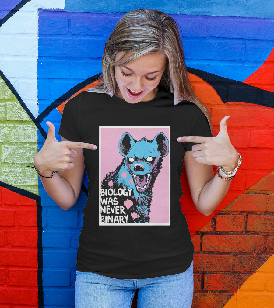 Biology Was Never Binary Blue Hyena Pink Background T-Shirt