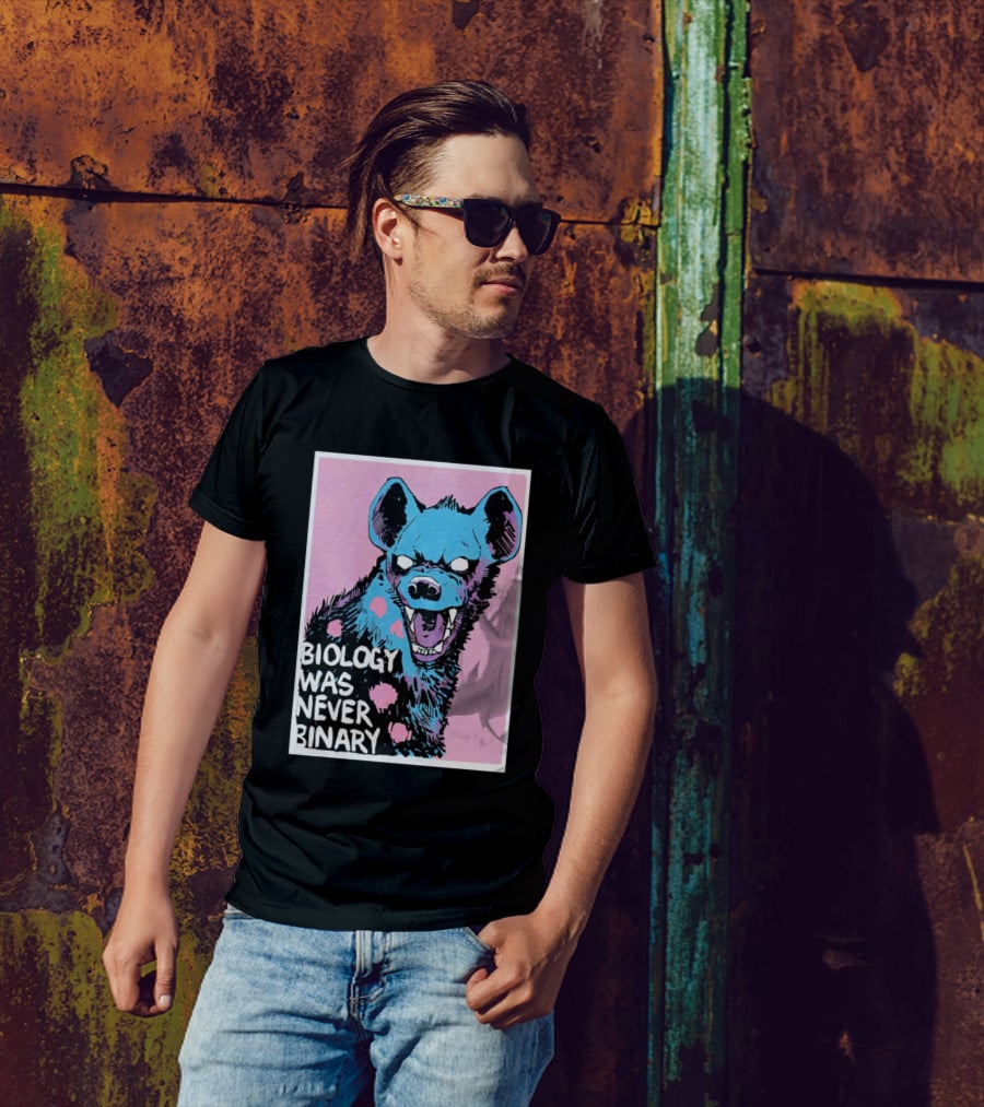 Biology Was Never Binary Blue Hyena Pink Background T-Shirt