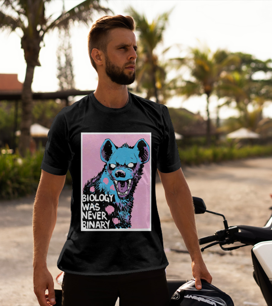 Biology Was Never Binary Blue Hyena Pink Background T-Shirt