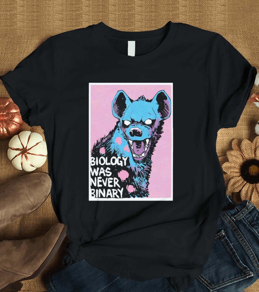 Biology Was Never Binary Blue Hyena Pink Background T-Shirt