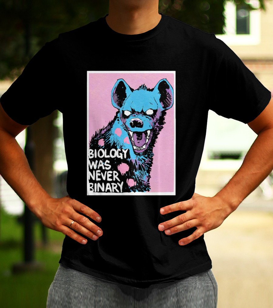 Biology Was Never Binary Blue Hyena Pink Background T-Shirt