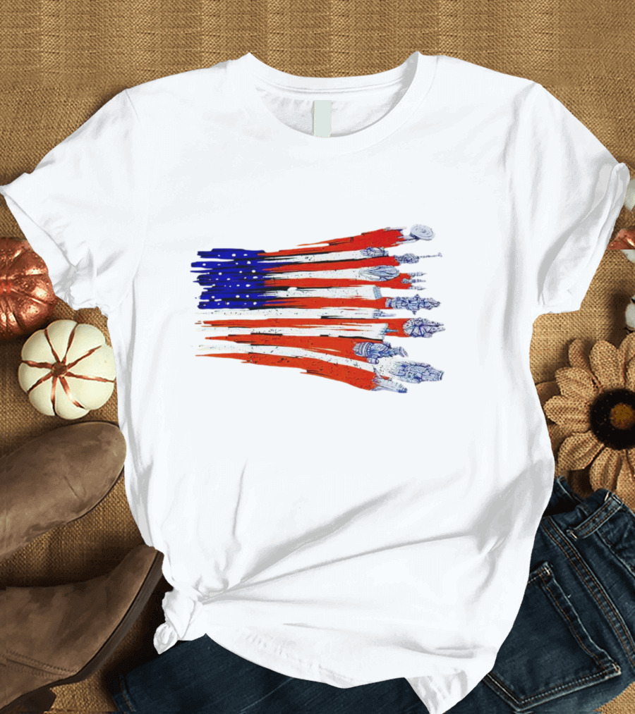 Spaceship American Flag Star Wars Starships Millennium Falcon X-Wing NASA Apollo Saturn V T-Shirt