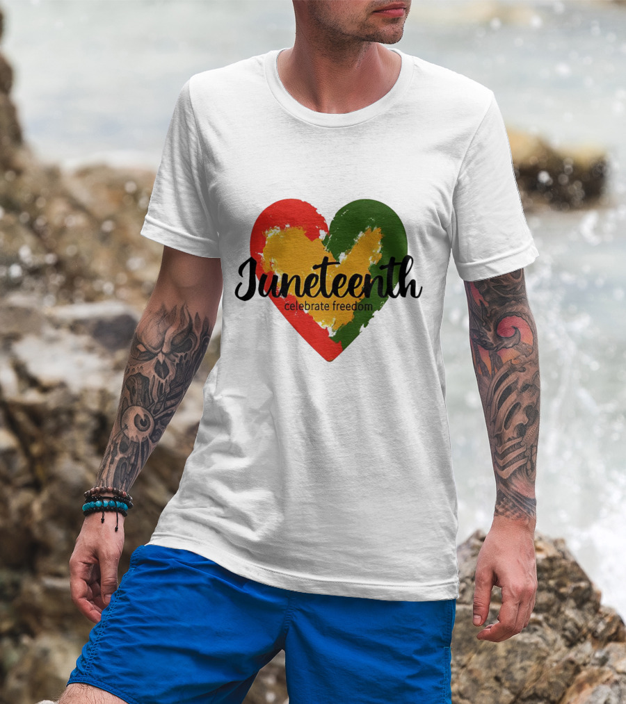 Juneteenth Celebrate Freedom Heart With Red Yellow Green Colors T-Shirt