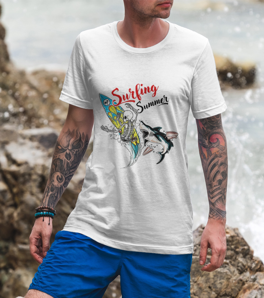Surfing Summer Skeleton Battling Shark Adventure T-Shirt