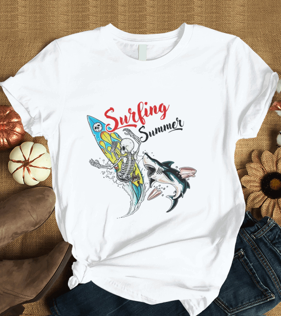 Surfing Summer Skeleton Battling Shark Adventure T-Shirt
