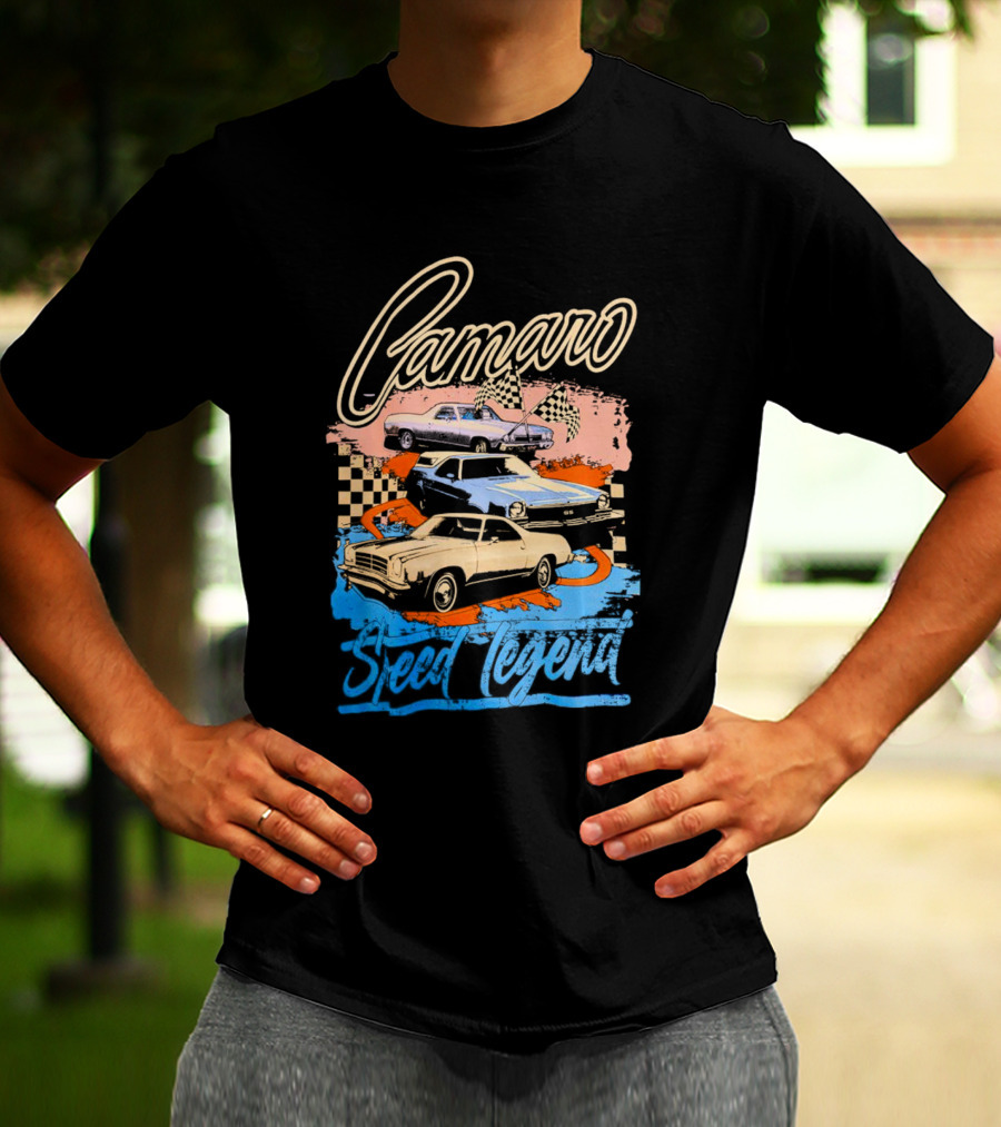 Camaro Speed Legend Vintage Racing Cars Checkered Flags T-Shirt