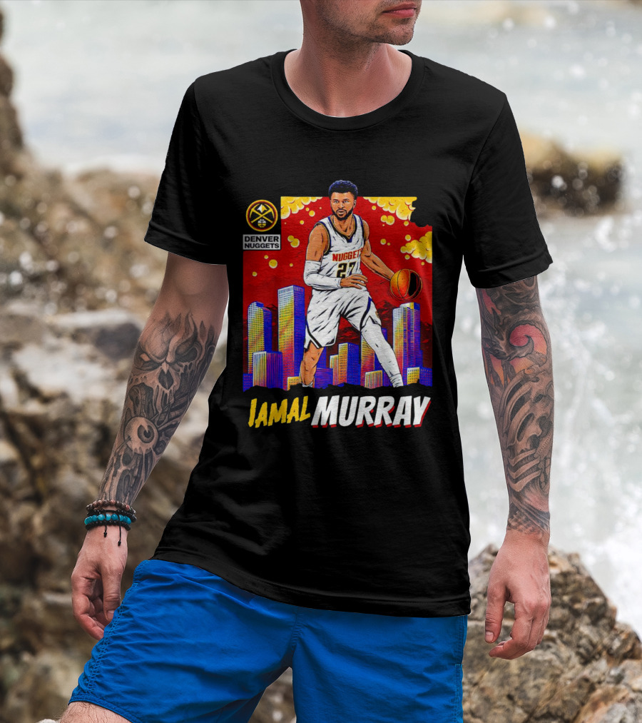Denver Nuggets Jamal Murray Basketball Skyline Comic T-Shirt