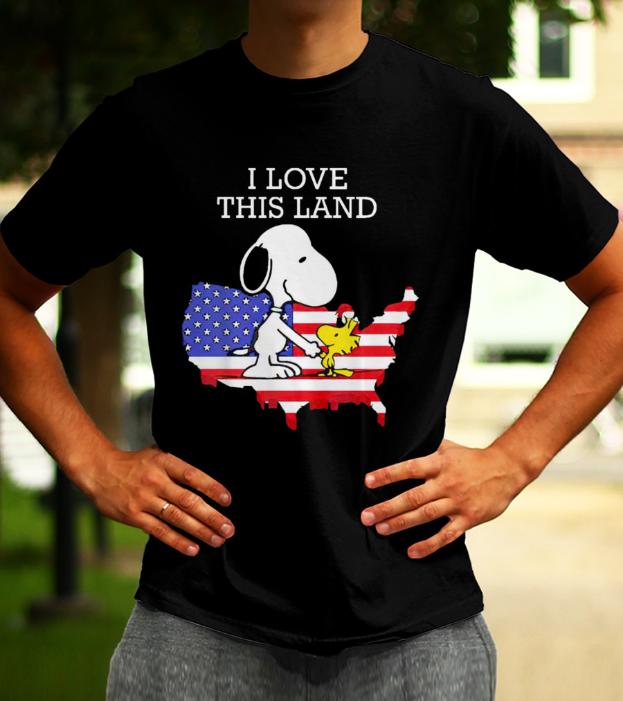 Snoopy Woodstock I Love This Land American Flag USA Map T-Shirt