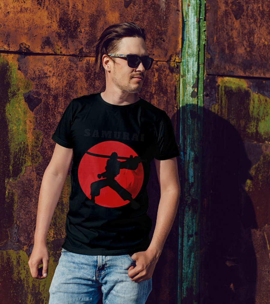 Samurai Silhouette With Red Sun Background T-Shirt