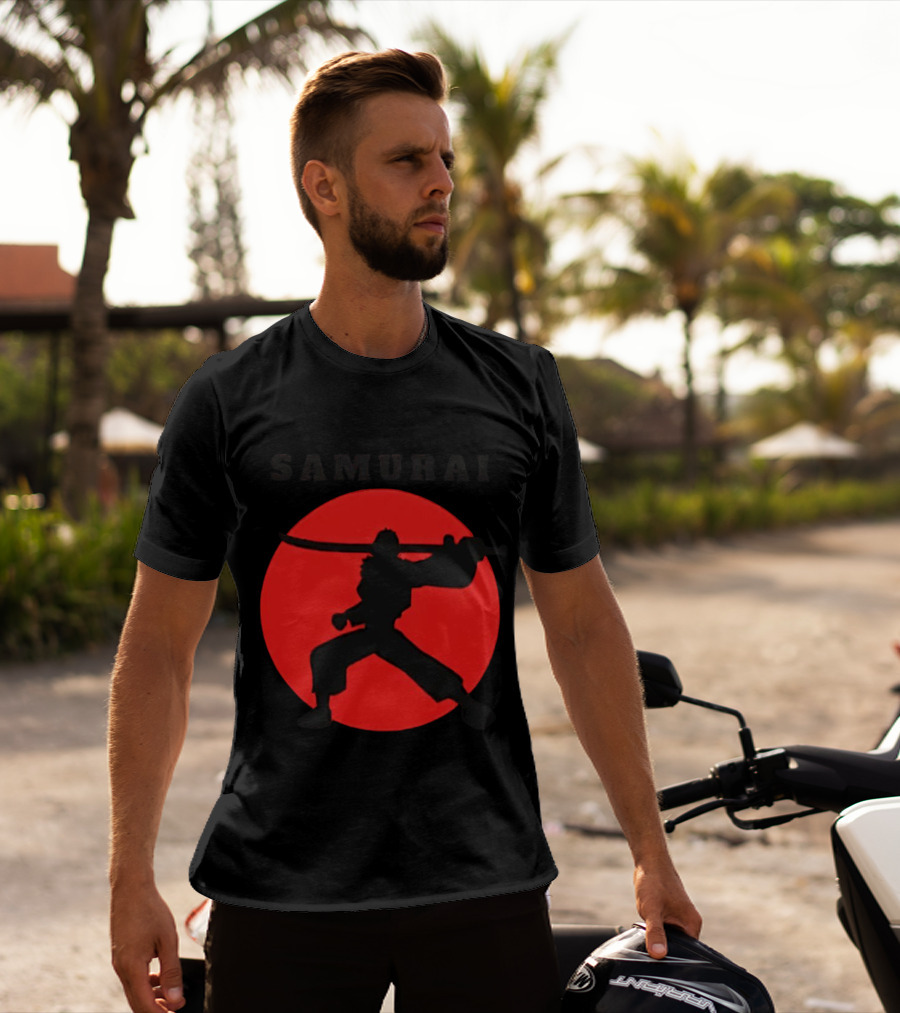 Samurai Silhouette With Red Sun Background T-Shirt