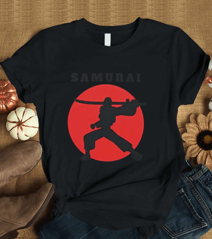 Samurai Silhouette With Red Sun Background T-Shirt