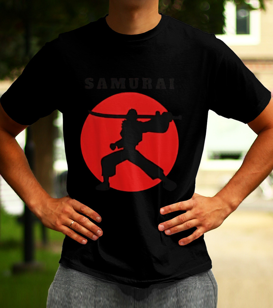 Samurai Silhouette With Red Sun Background T-Shirt