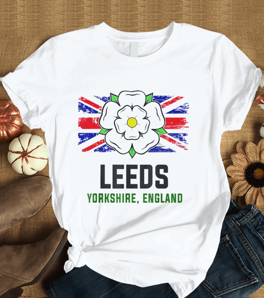 Leeds Yorkshire England Black Rose Union Jack T-Shirt