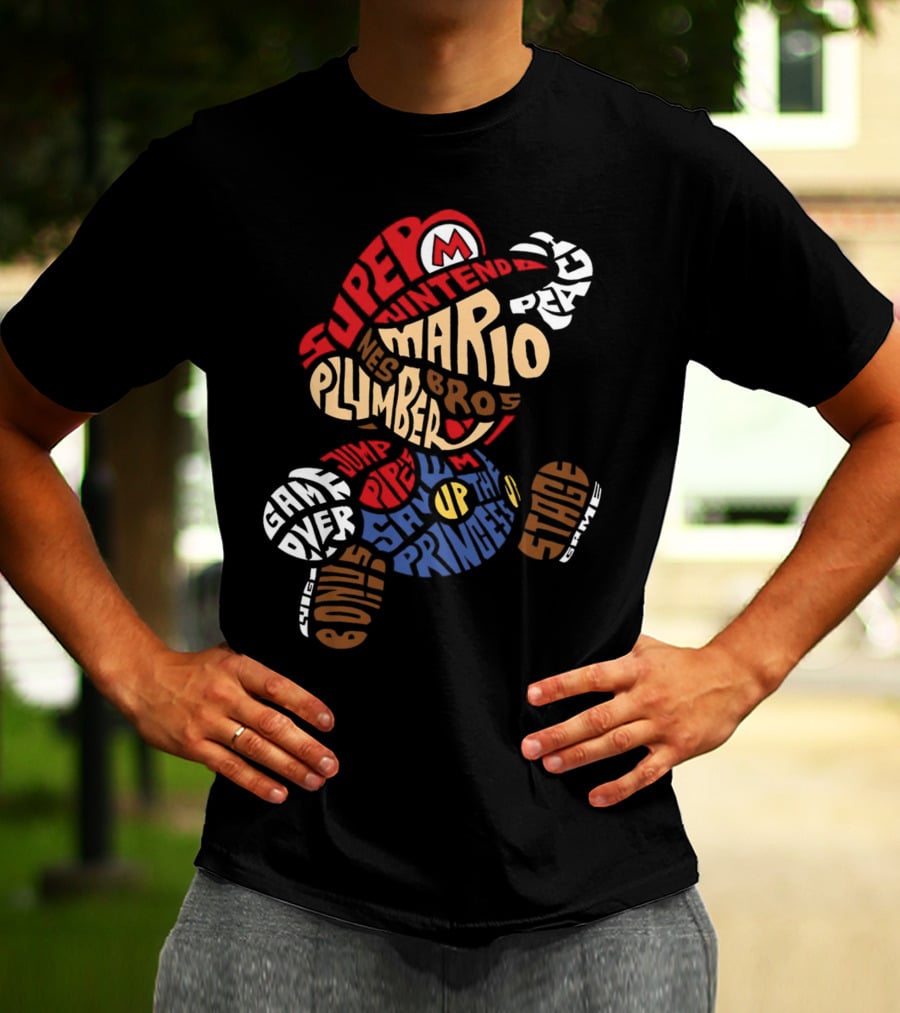 Super Nintendo Mario Bros Plumber Jump Stage Game Typography T-Shirt