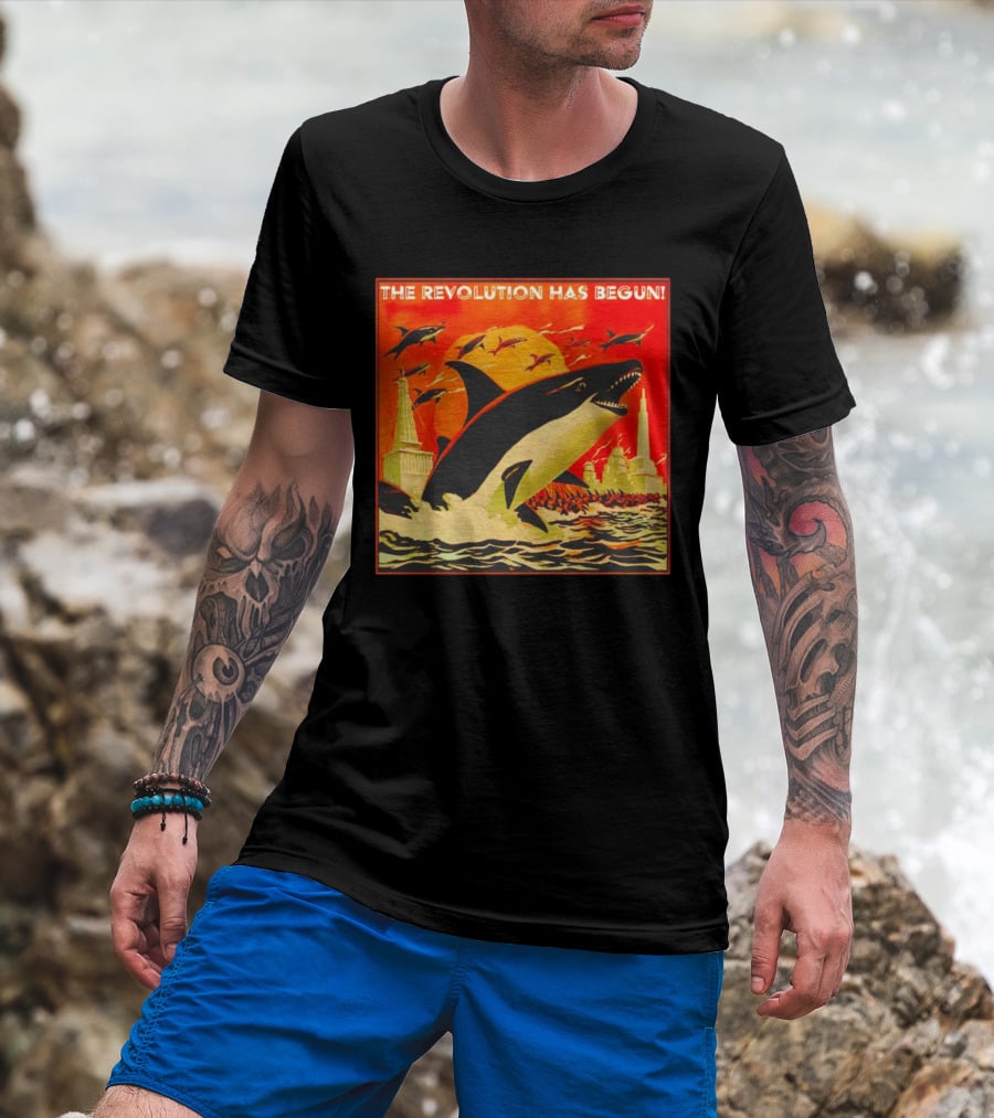 The Revolution Has Begun Orca Tower Attack With Jumping Killer Whales And Red Sky T-Shirt