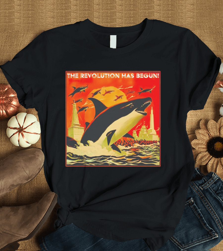 The Revolution Has Begun Orca Tower Attack With Jumping Killer Whales And Red Sky T-Shirt