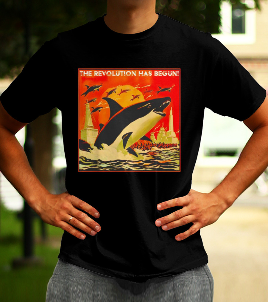 The Revolution Has Begun Orca Tower Attack With Jumping Killer Whales And Red Sky T-Shirt
