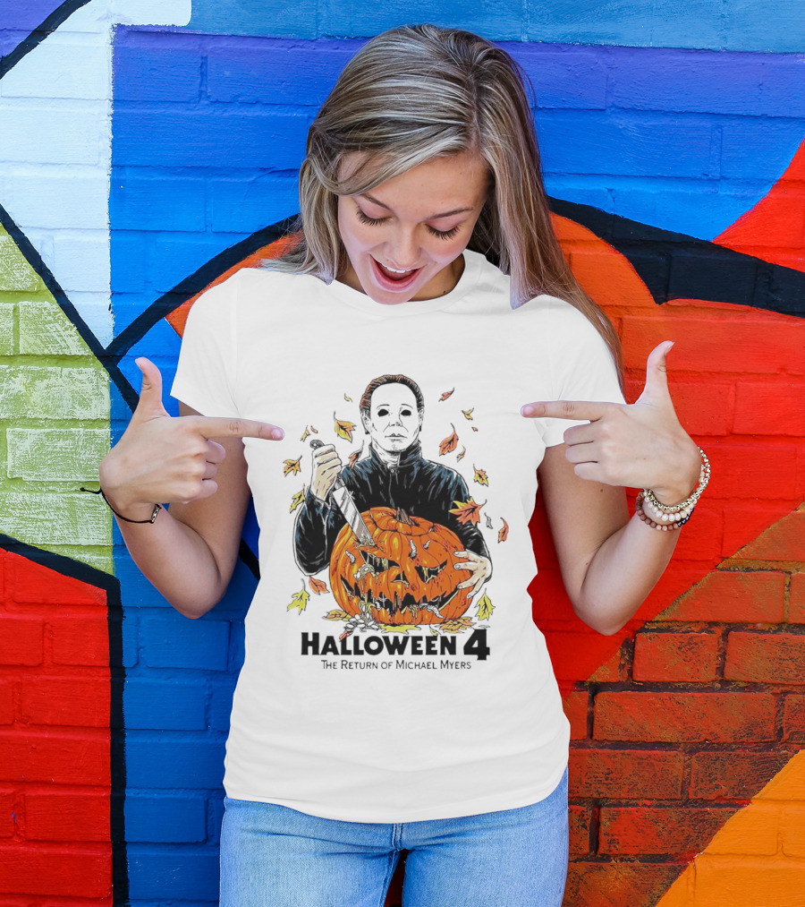 Halloween 4 The Return Of Michael Myers Knife-Wielding Michael With Carved Pumpkin And Autumn Leaves T-Shirt
