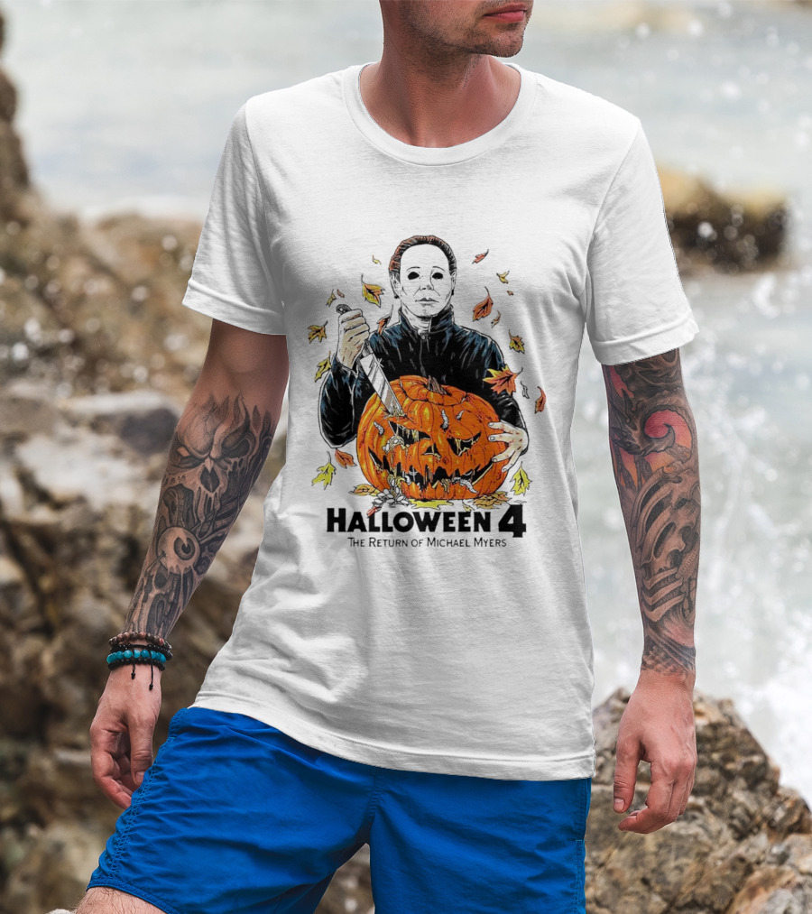 Halloween 4 The Return Of Michael Myers Knife-Wielding Michael With Carved Pumpkin And Autumn Leaves T-Shirt