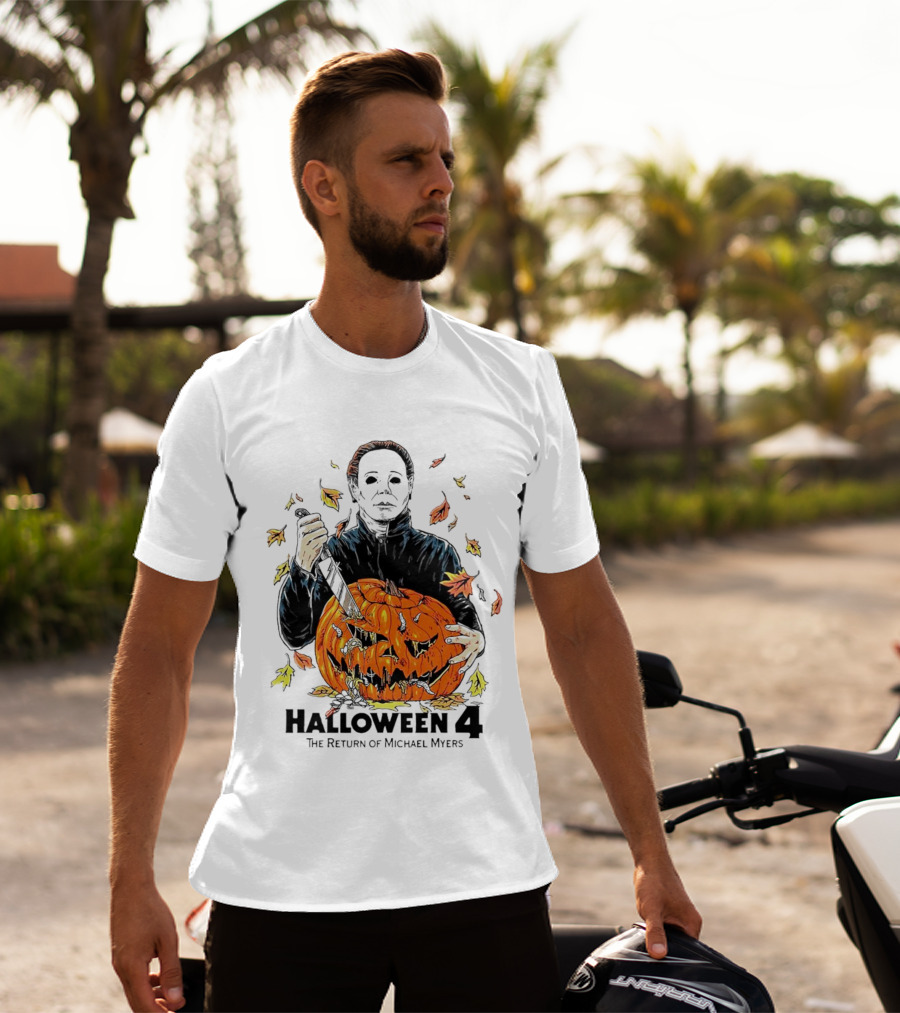 Halloween 4 The Return Of Michael Myers Knife-Wielding Michael With Carved Pumpkin And Autumn Leaves T-Shirt