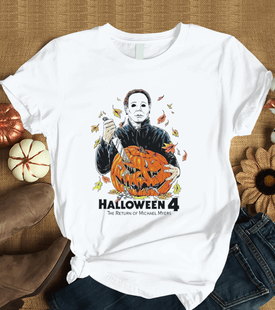 Halloween 4 The Return Of Michael Myers Knife-Wielding Michael With Carved Pumpkin And Autumn Leaves T-Shirt