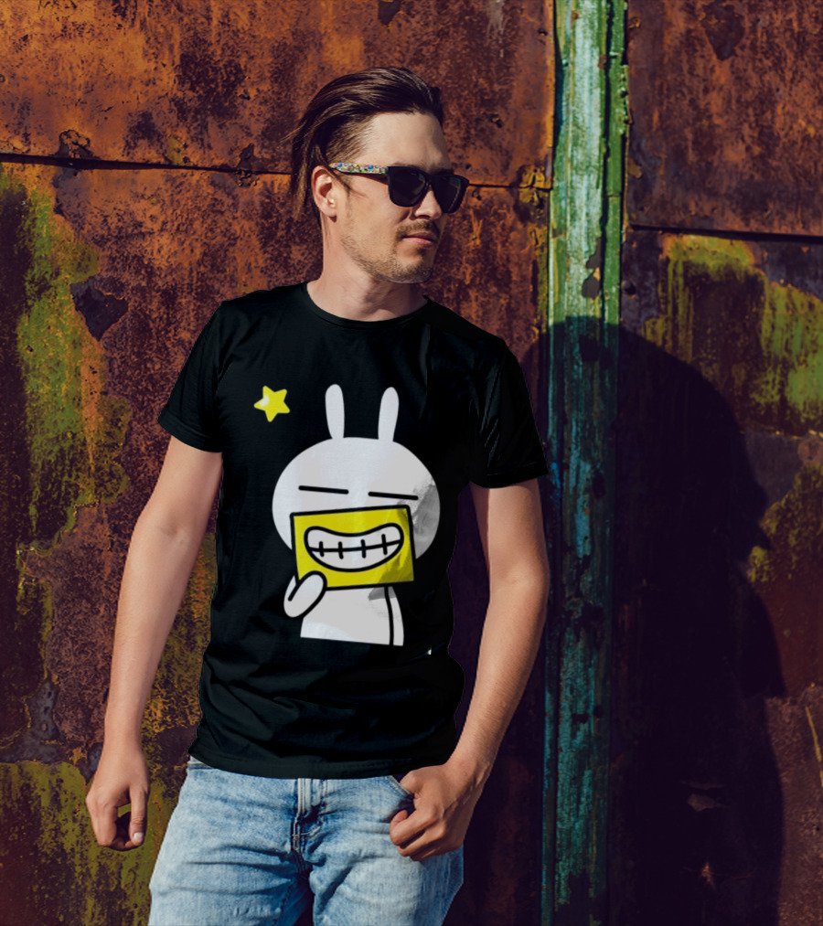 Tuzki Holding Fake Smile Cartoon Character With Star T-Shirt