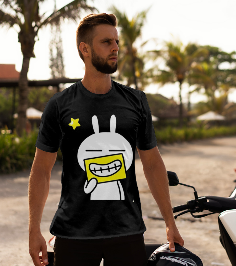 Tuzki Holding Fake Smile Cartoon Character With Star T-Shirt