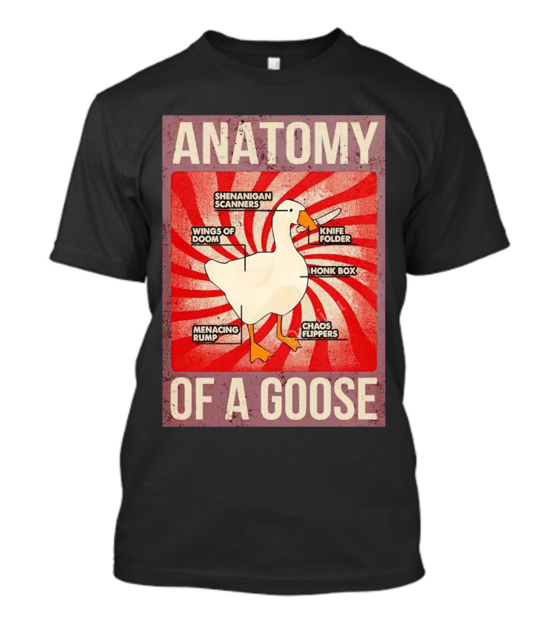 Anatomy Of A Goose Shenanigan Scanners Wings Of Doom Knife Folder Honk Box Menacing Rump Chaos Flippers T-Shirt
