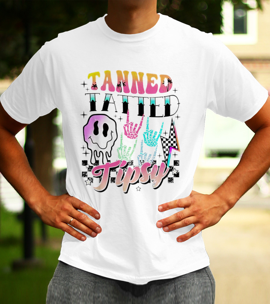 Tanned Tatted Tipsy Colorful Skeleton Hands Melting Smiley T-Shirt