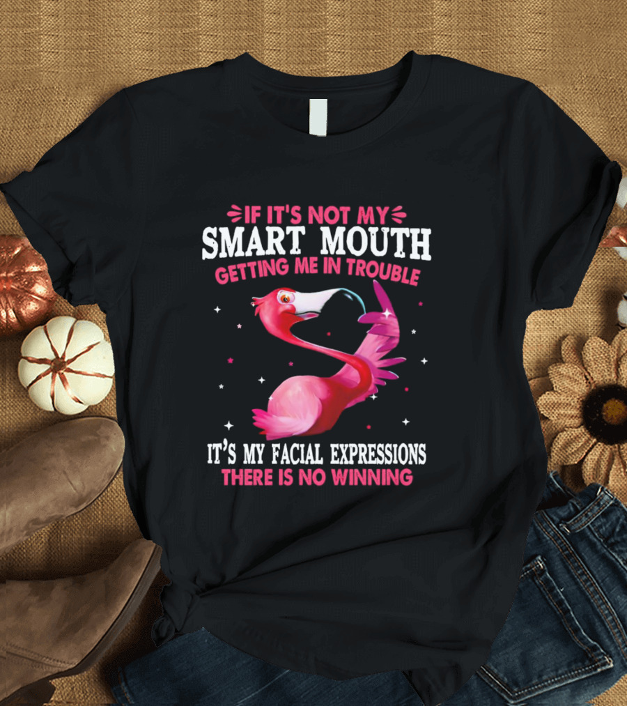 If It's Not My Smart Mouth Getting Me In Trouble It's My Facial Expressions There Is No Winning Flamingo T-Shirt