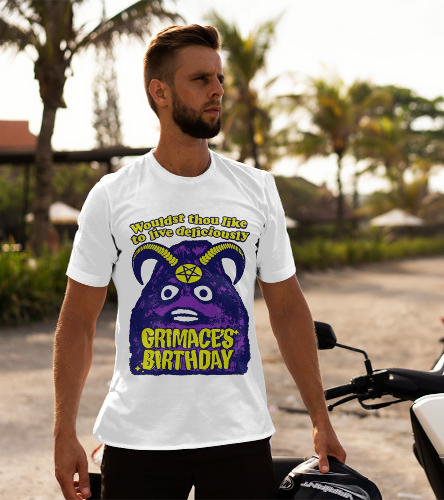 Grimace's Birthday Wouldst Thou Like To Live Deliciously Pentagram Horns T-Shirt