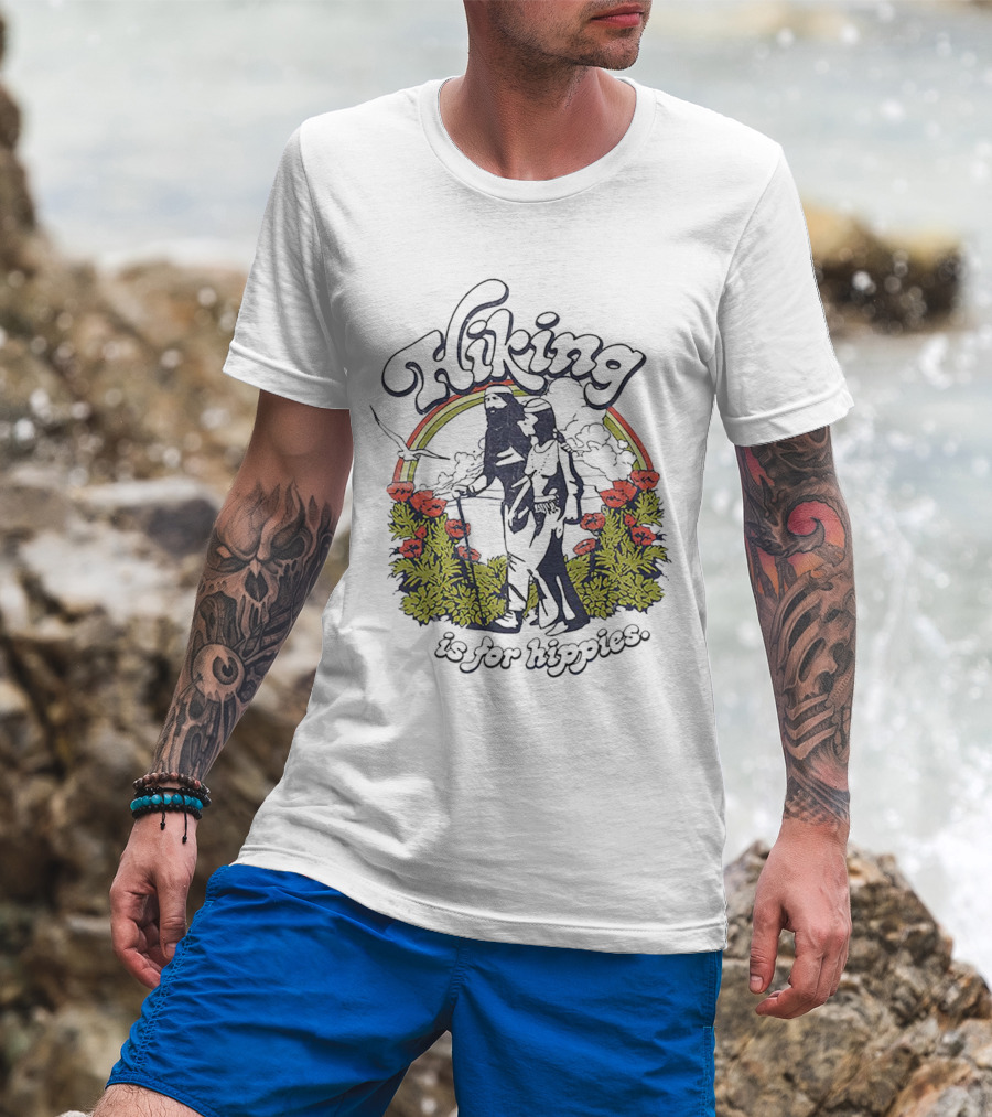 Hiking Is For Hippies Vintage Floral Rainbow Scene T-Shirt