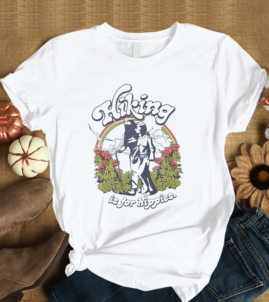 Hiking Is For Hippies Vintage Floral Rainbow Scene T-Shirt