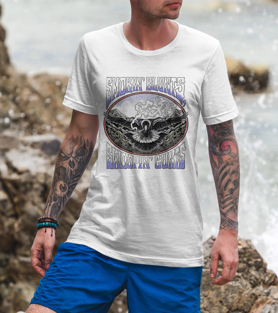 Smokin’ Blunts Swoopin’ Gunts Raven With Smoky Mountains And Clouds T-Shirt
