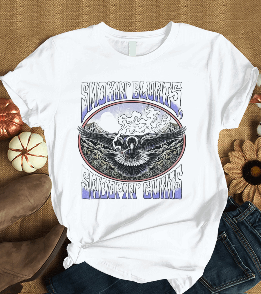 Smokin’ Blunts Swoopin’ Gunts Raven With Smoky Mountains And Clouds T-Shirt