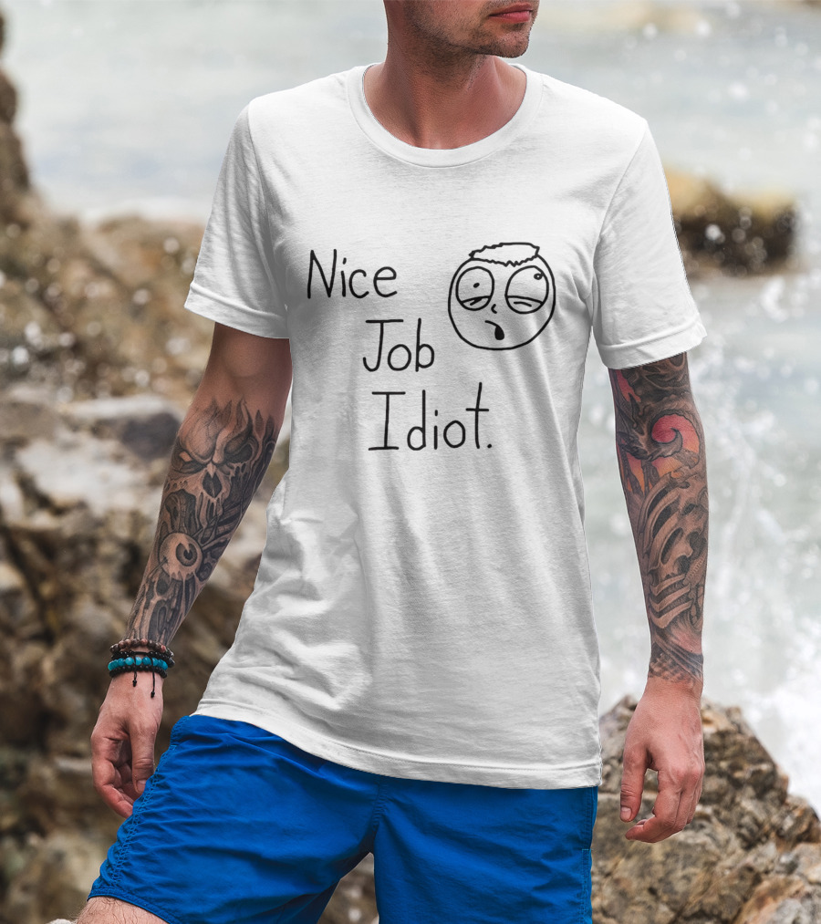 Smosh Nice Job Idiot Text With Cartoon Face Sketch T-Shirt